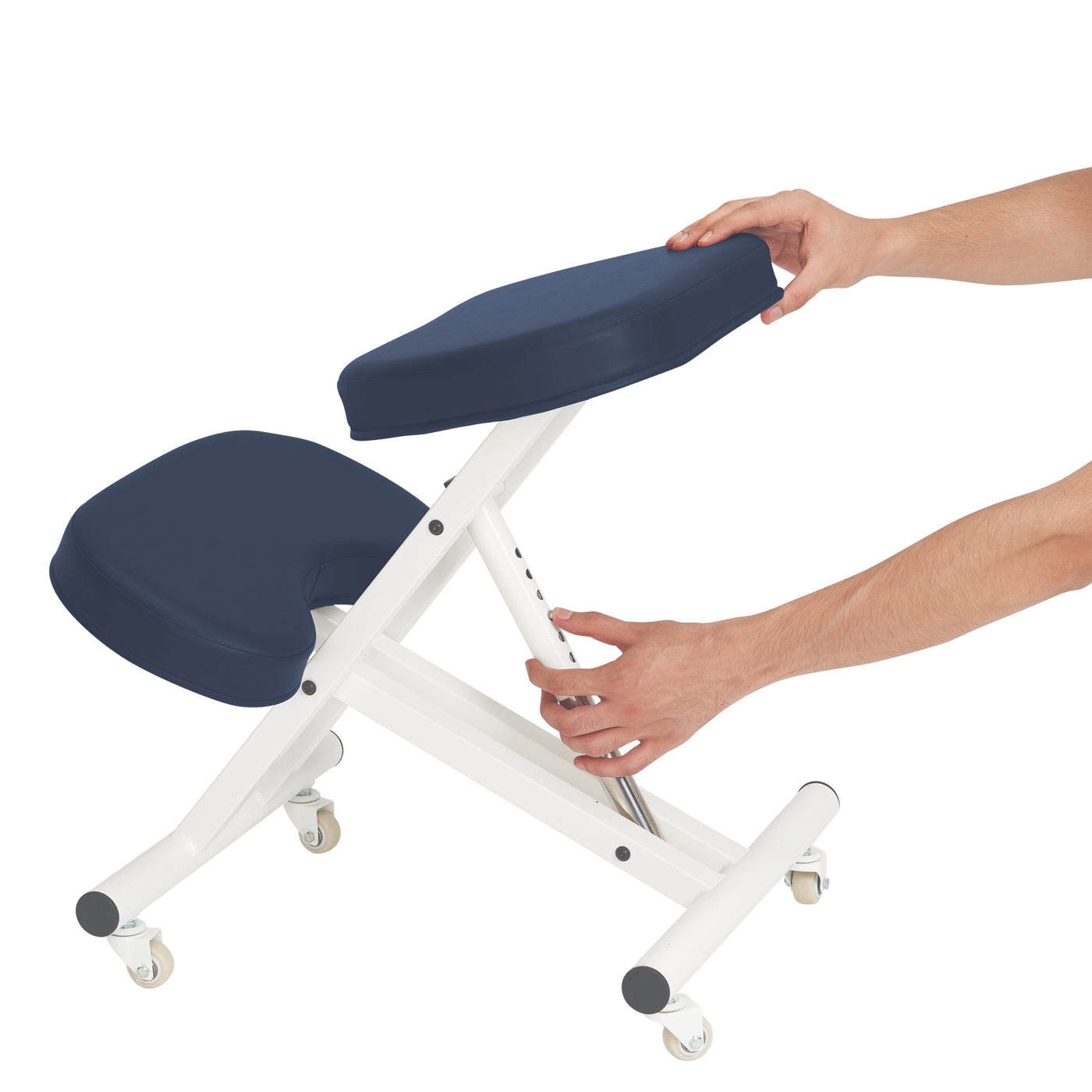 Kneeling chair with blue cushions being adjusted by a person on a white background