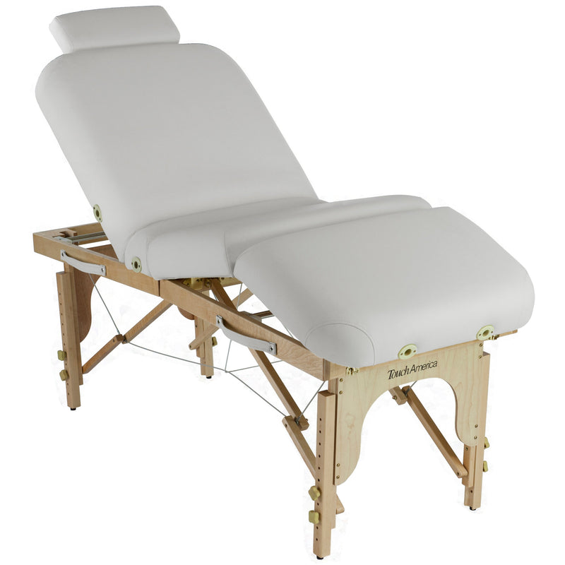 TouchAmerica Portable MULTIPRO Massage Table with wooden legs and padded adjustable sections.