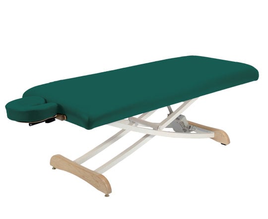 Elegance Basic Electric Table Teal with wooden legs on a white background