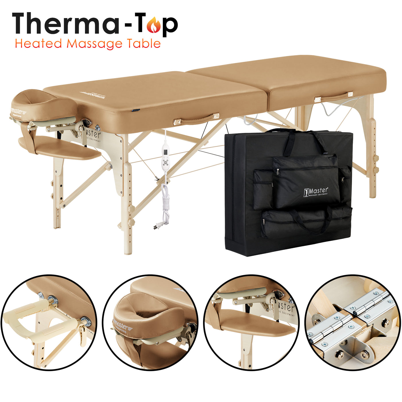 Master Massage PHOENIX Therma-Top portable table with face cradle and carrying case, tan color.