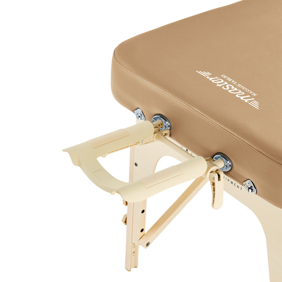 Close-up of Master Massage PHOENIX Therma-Top Table with adjustable face cradle and wood legs.