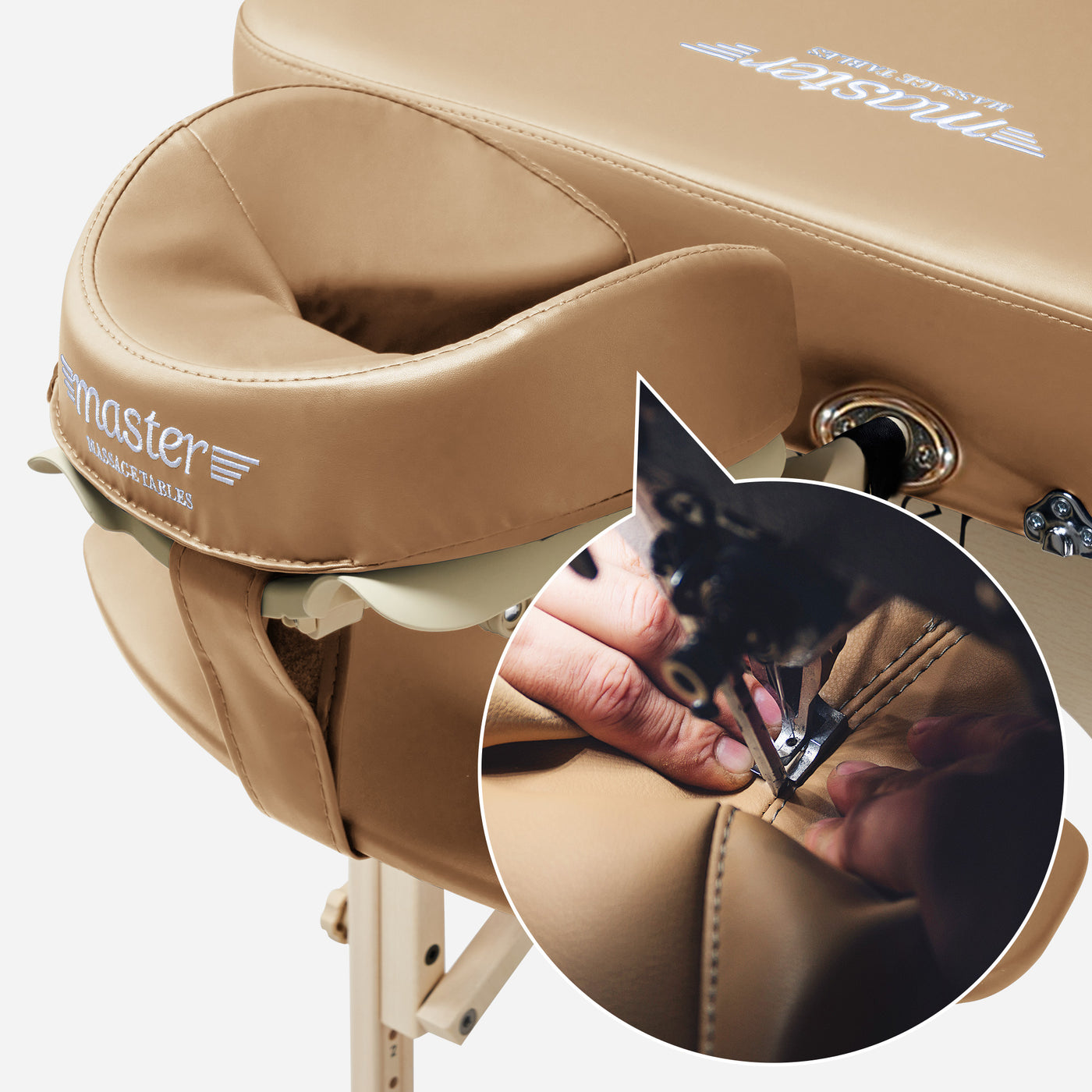 Close-up of hands stitching leather on Master Massage PHOENIX Therma-Top Portable Table.