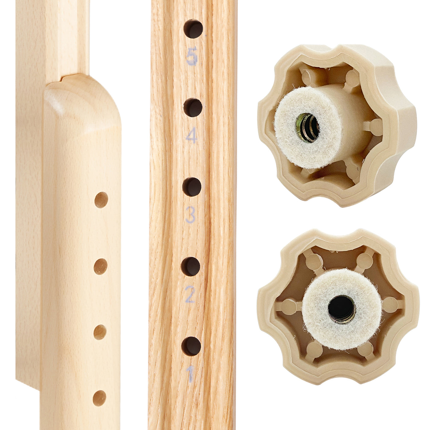 Adjustable wood leg with numbered holes and beige knobs for Master Massage PHOENIX Therma-Top table.