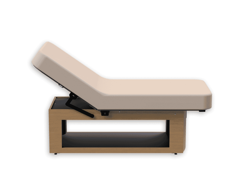 Oakworks Prema E-nvi Electric Spa Table, beige with wood frame, shown in side profile.