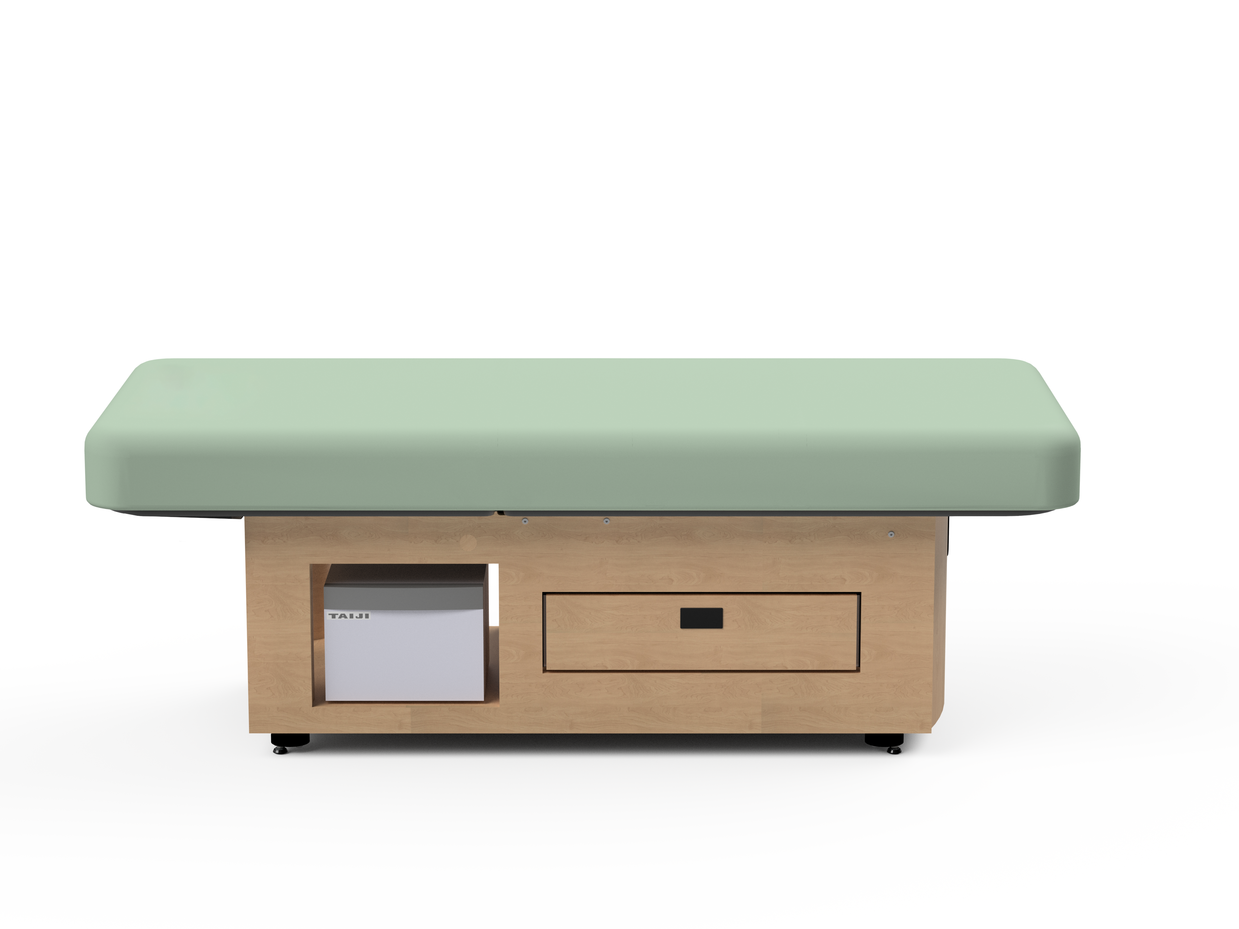Oakworks Prema E-nvi Electric Spa Table: green cushion, wood base, drawer & storage compartment.