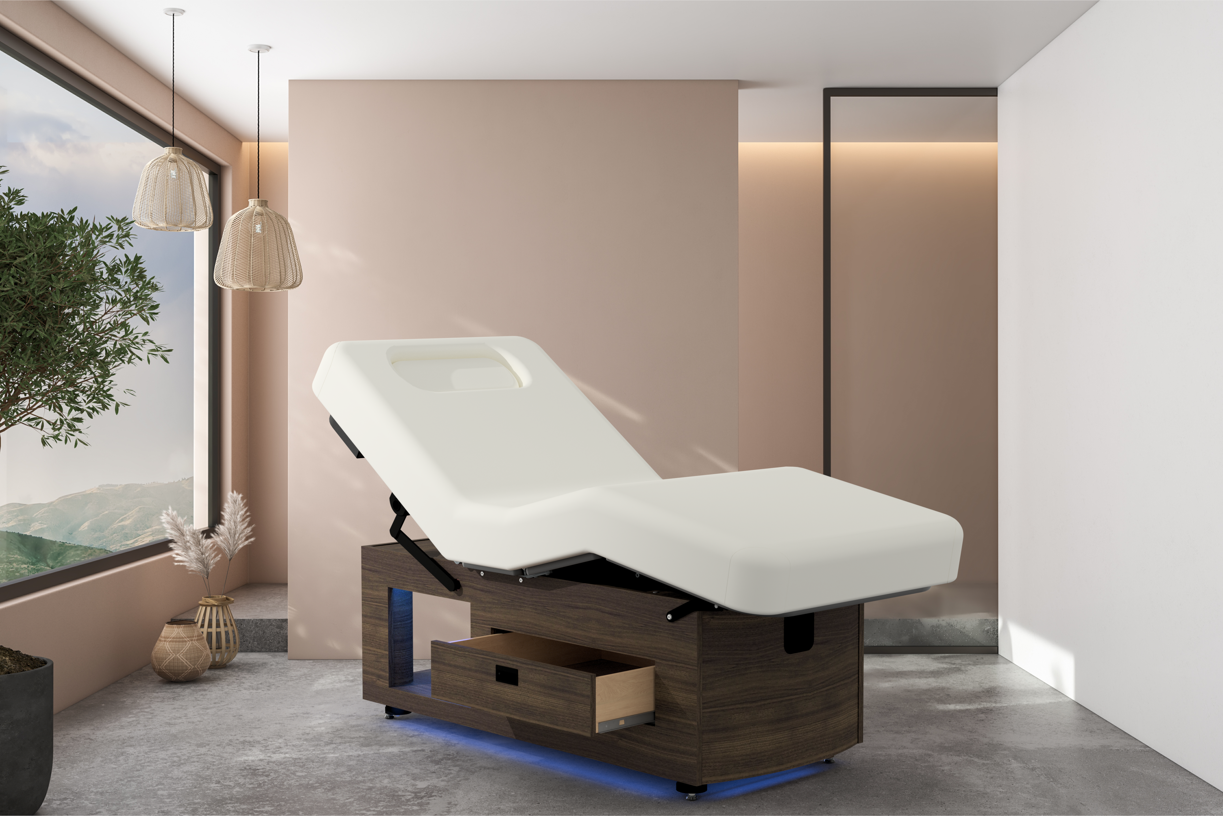 Oakworks Prema E-nvi electric spa table with white cushion in a bright, modern space.
