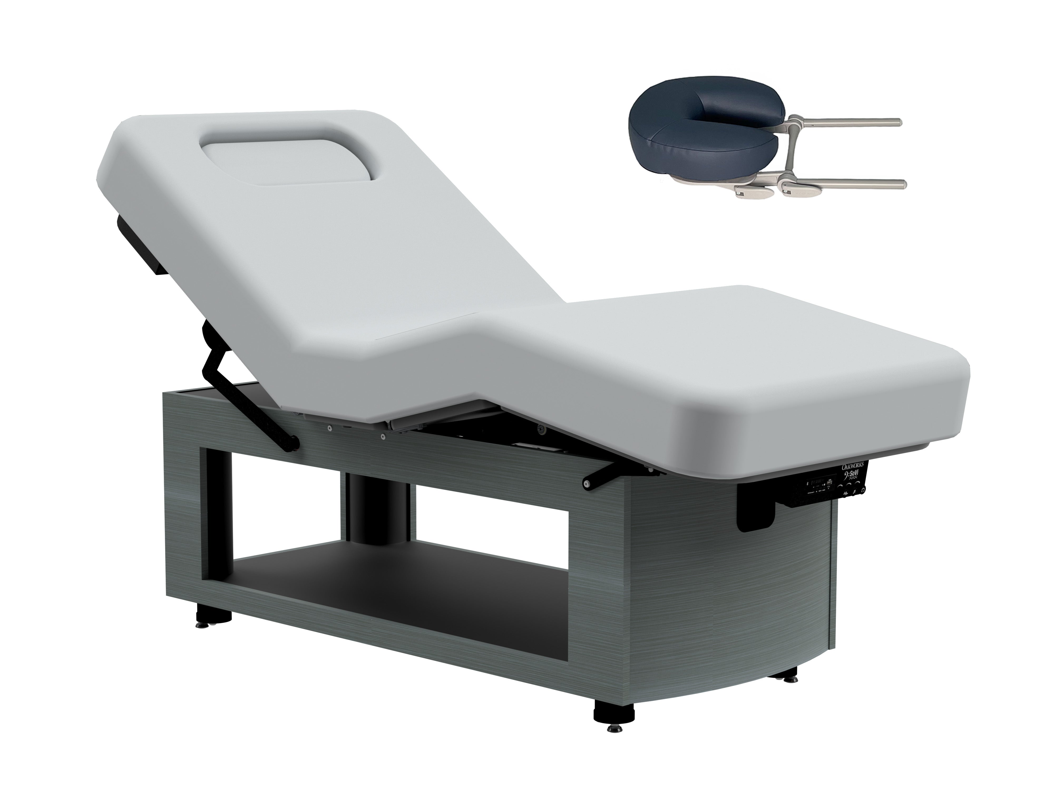 Oakworks Prema E-nvi Electric Spa Table: adjustable, customizable, with detachable headrest.