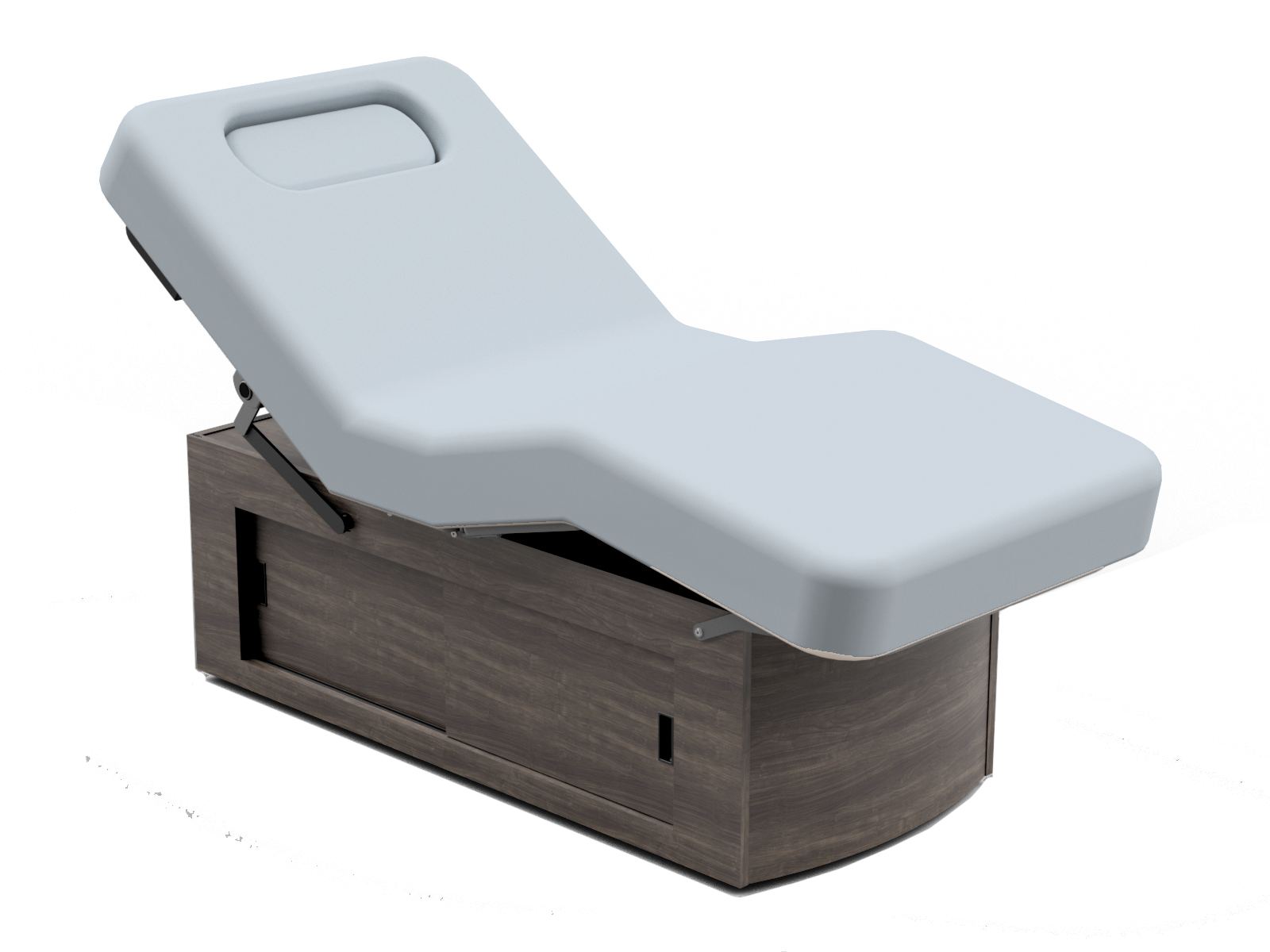 Oakworks Prema E-nvi electric spa table: cushioned top, wood base, customizable design.