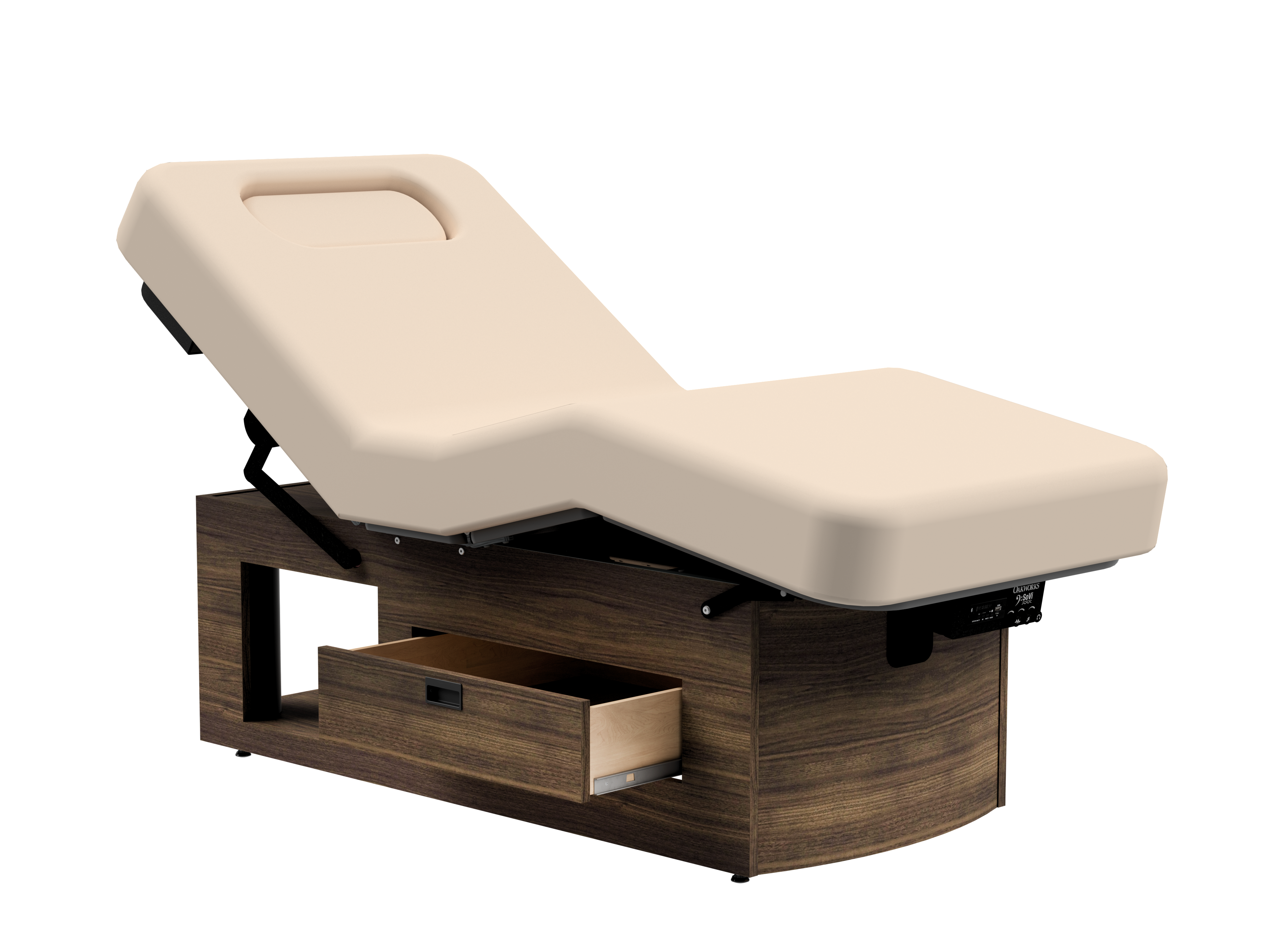 Oakworks Prema E-nvi electric spa table with wood base and open storage drawer underneath.