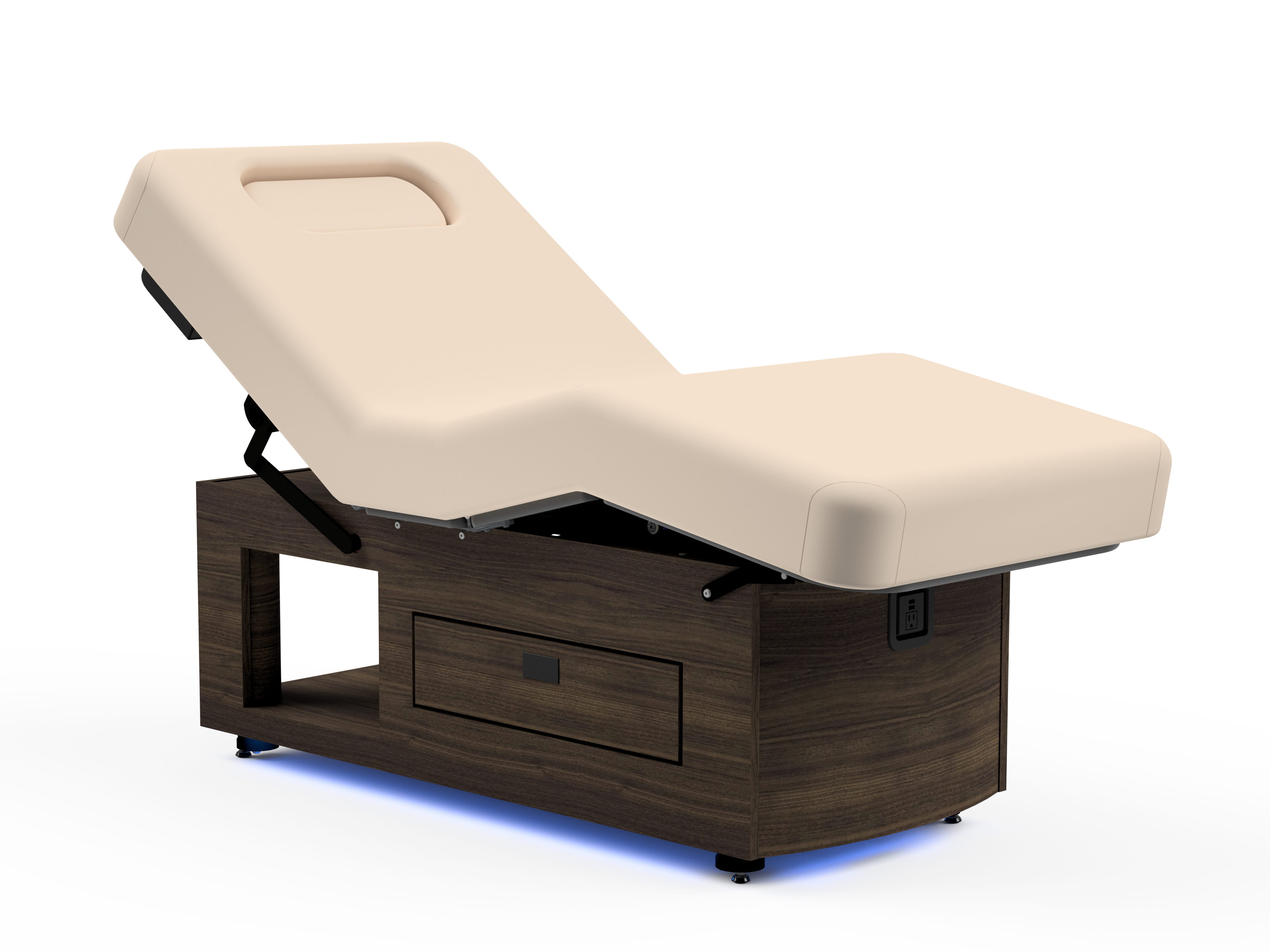 Oakworks Prema E-nvi Salon Top electric spa table with beige cushion and dark wood base.
