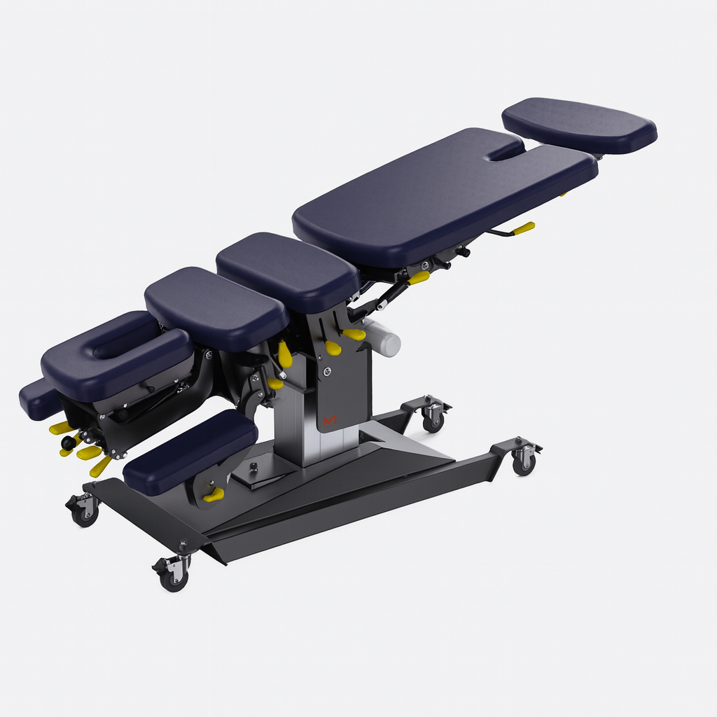 Physical therapy table with adjustable sections on a white background