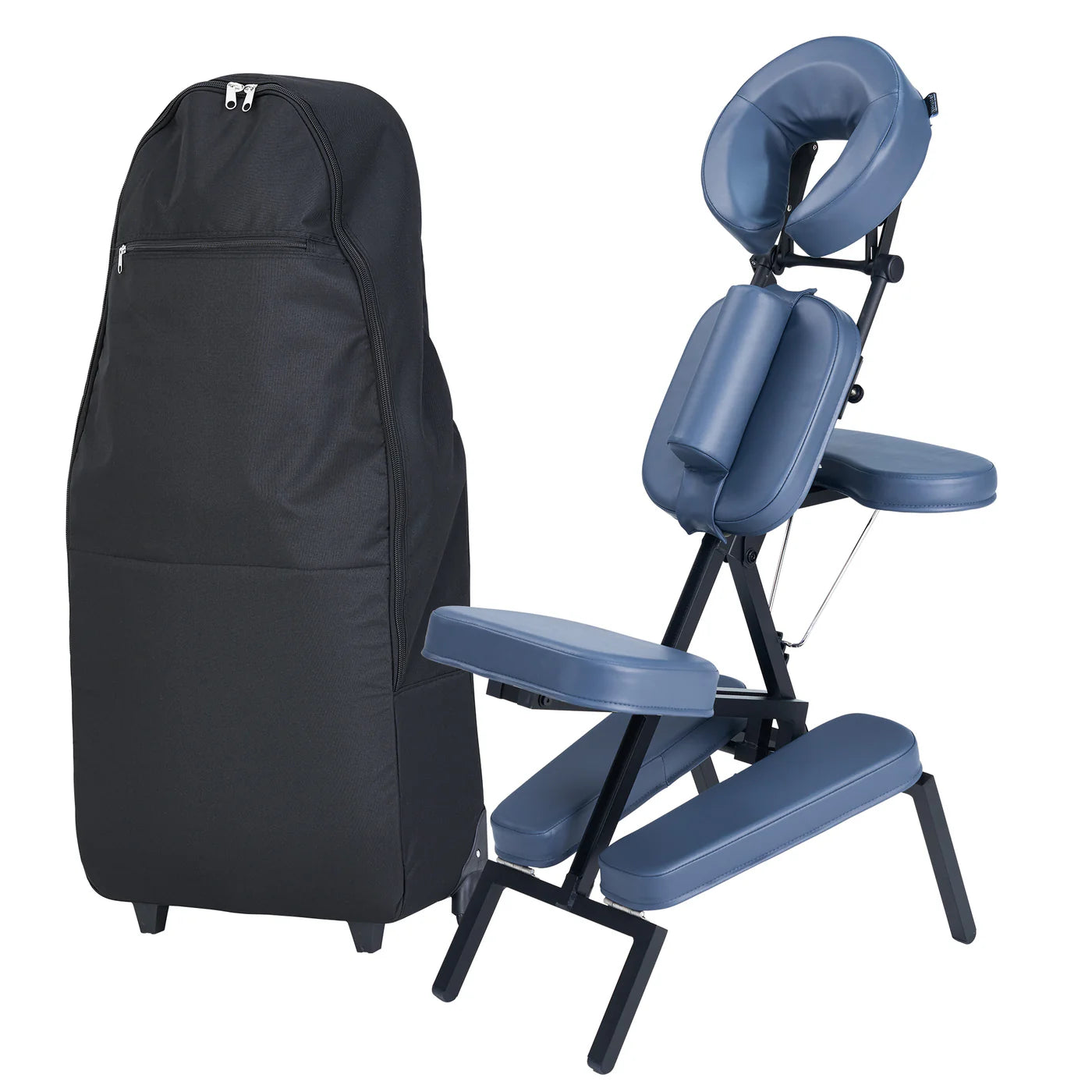 Master Massage PROFESSIONAL chair: lightweight, blue padding, black case, portable.