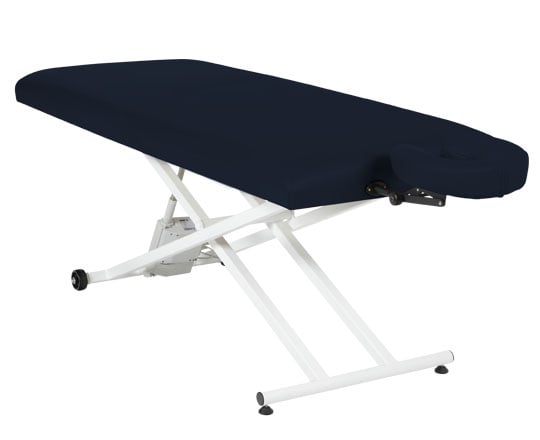 Pro Basic massage table with navy blue cover on a white background