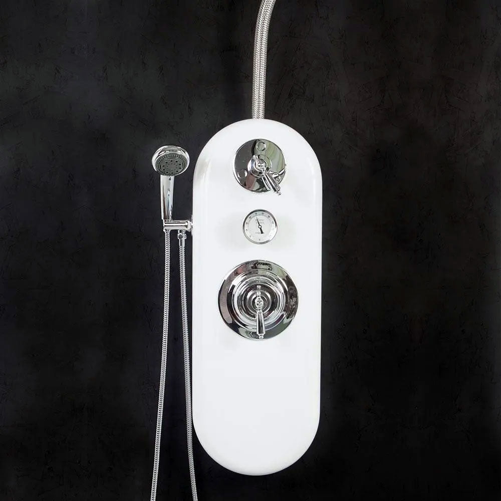 Water Werks Ditto 7 Head Vichy Shower with control knobs, shown against a dark background.