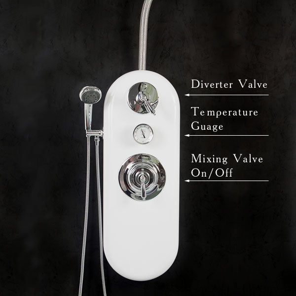 Water Werks Ditto 7 Head Vichy Shower: adjustable heads, labeled diverter, temp gauge.