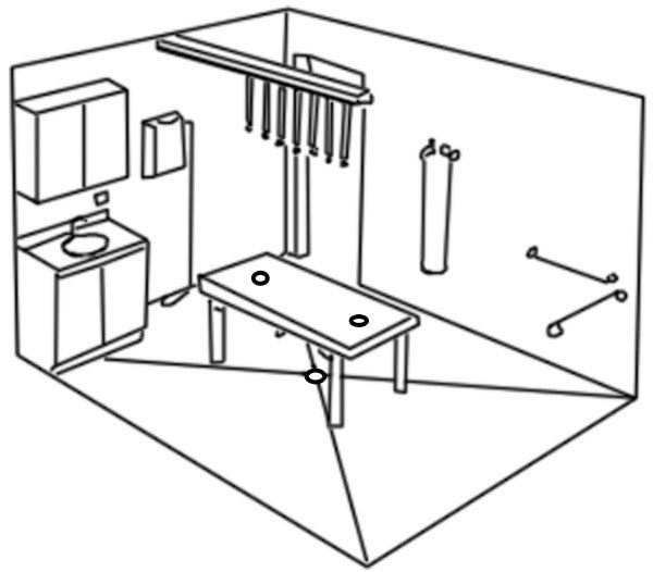 Line drawing of exam room with table, cabinets, and Water Werks Torrent 7 Head Vichy Shower.