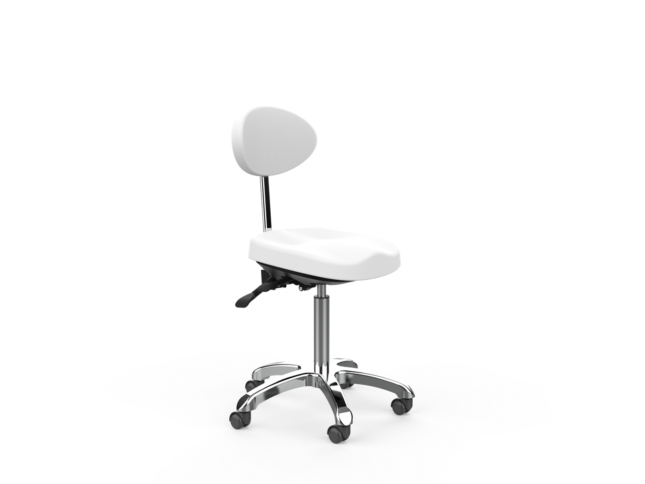 Silverfox America 1025E Beauty Stool: ergonomic rolling stool with back and curved saddle seat.