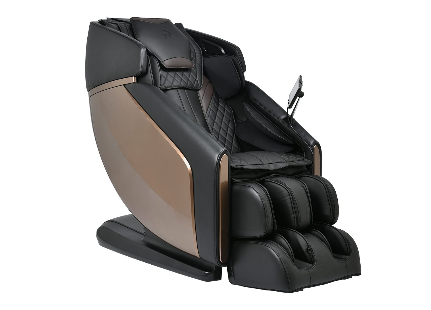 RockerTech Sensation 4D Massage Chair in black and gold with quad foot reflexology rollers.