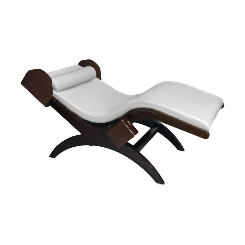 TouchAmerica S-Lounge with Sound Journey RX: white cushion, dark wood, zero gravity comfort.