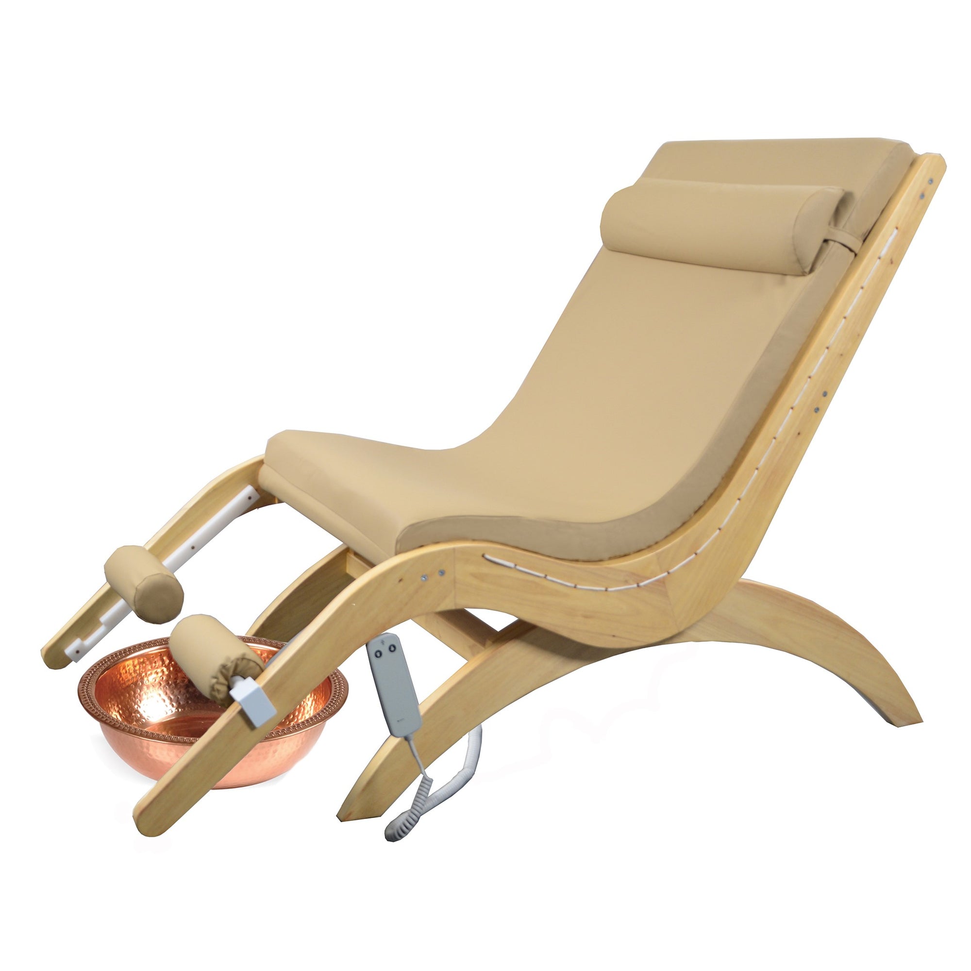 TouchAmerica S Pedi Lounge: reclining pedicure chair with beige cushions, remote, and copper basin.