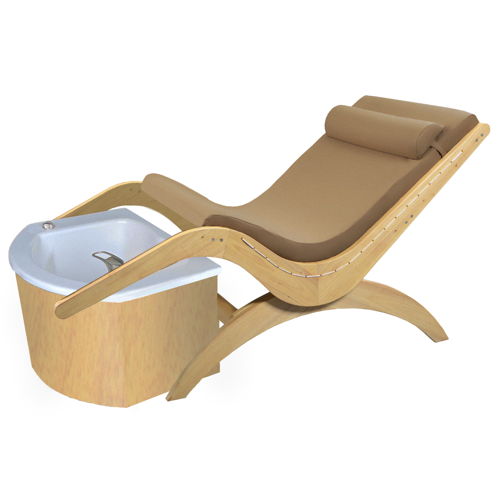 TouchAmerica's S Pedi Lounge: Reclining wooden pedicure chair with footbath and spa comfort.