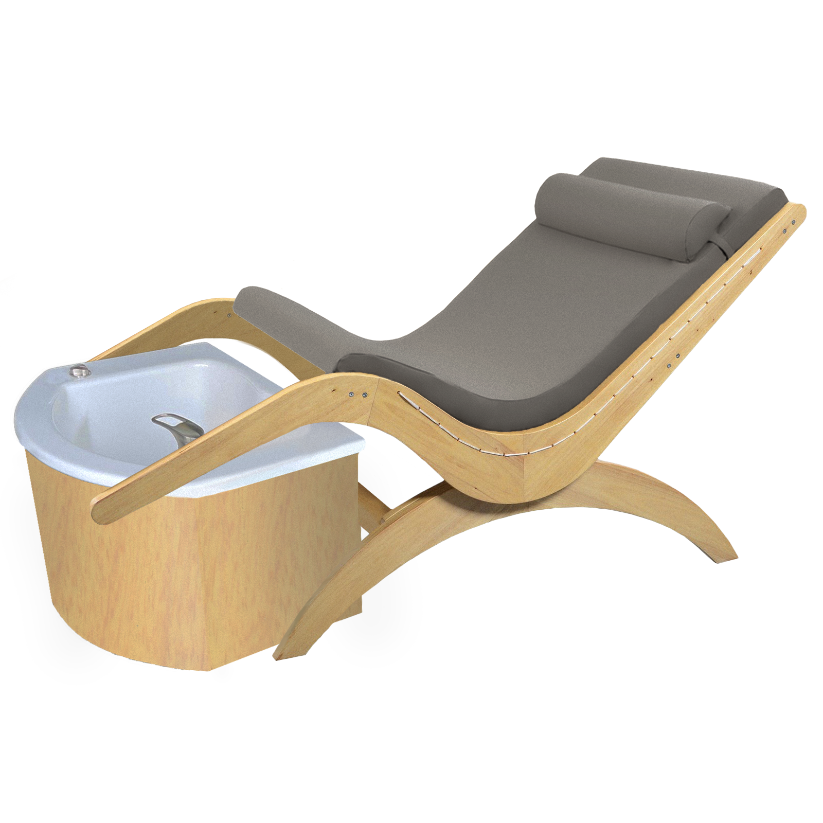TouchAmerica’s S Pedi Lounge: gray cushion, white basin, electric tilt for pedicures.