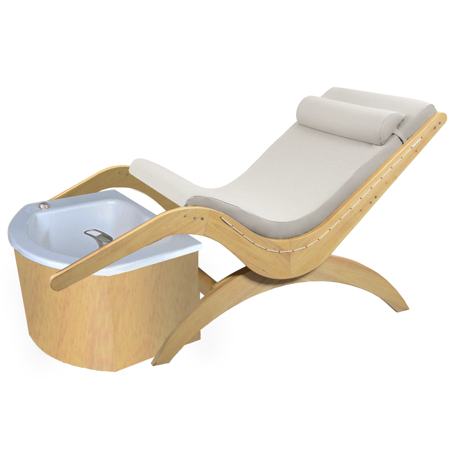 The TouchAmerica S Pedi Lounge is a padded wood lounger with an attached foot bath basin.
