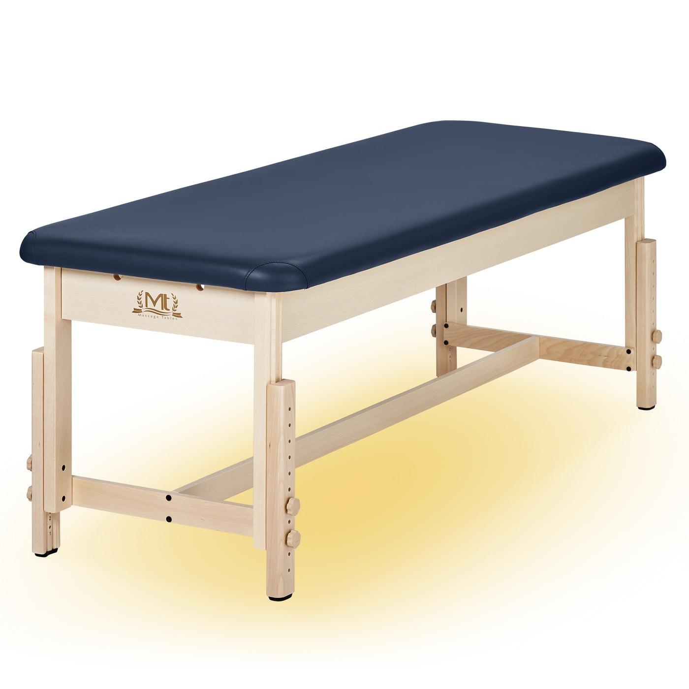 MT HARVEY Stationary Massage Table by MT, dark blue top, wood base, on white background.