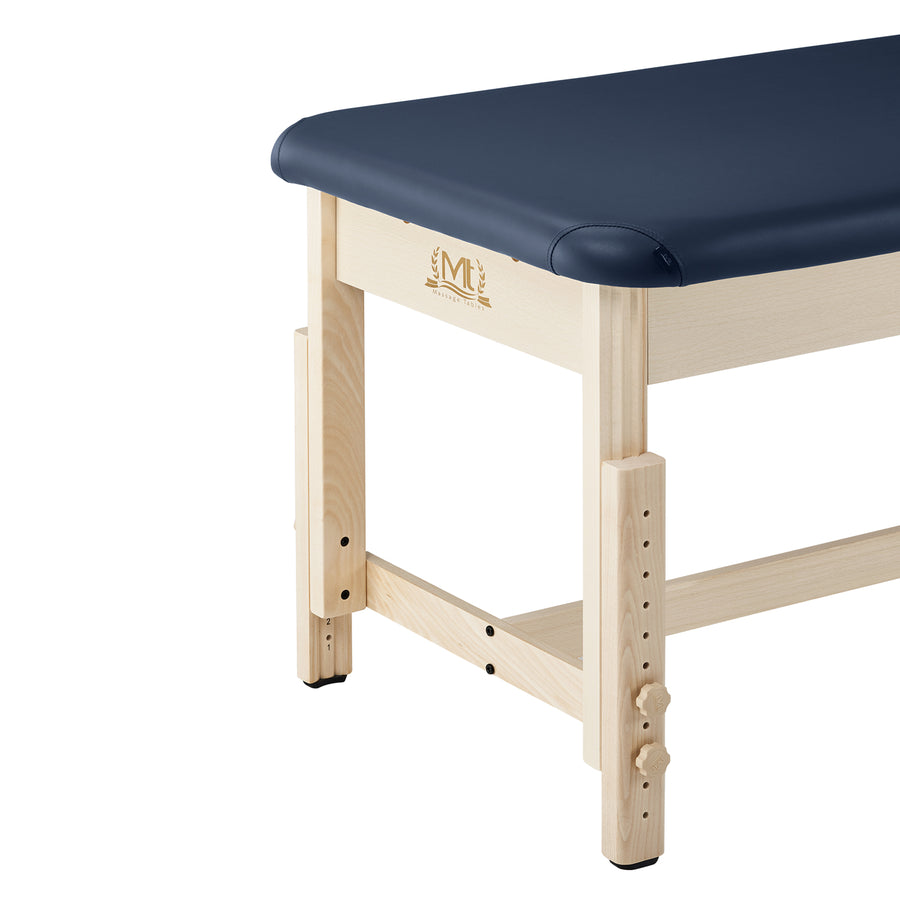 MT Massage HARVEY Stationary Table by MT, navy oil- and water-resistant, adjustable wooden legs.