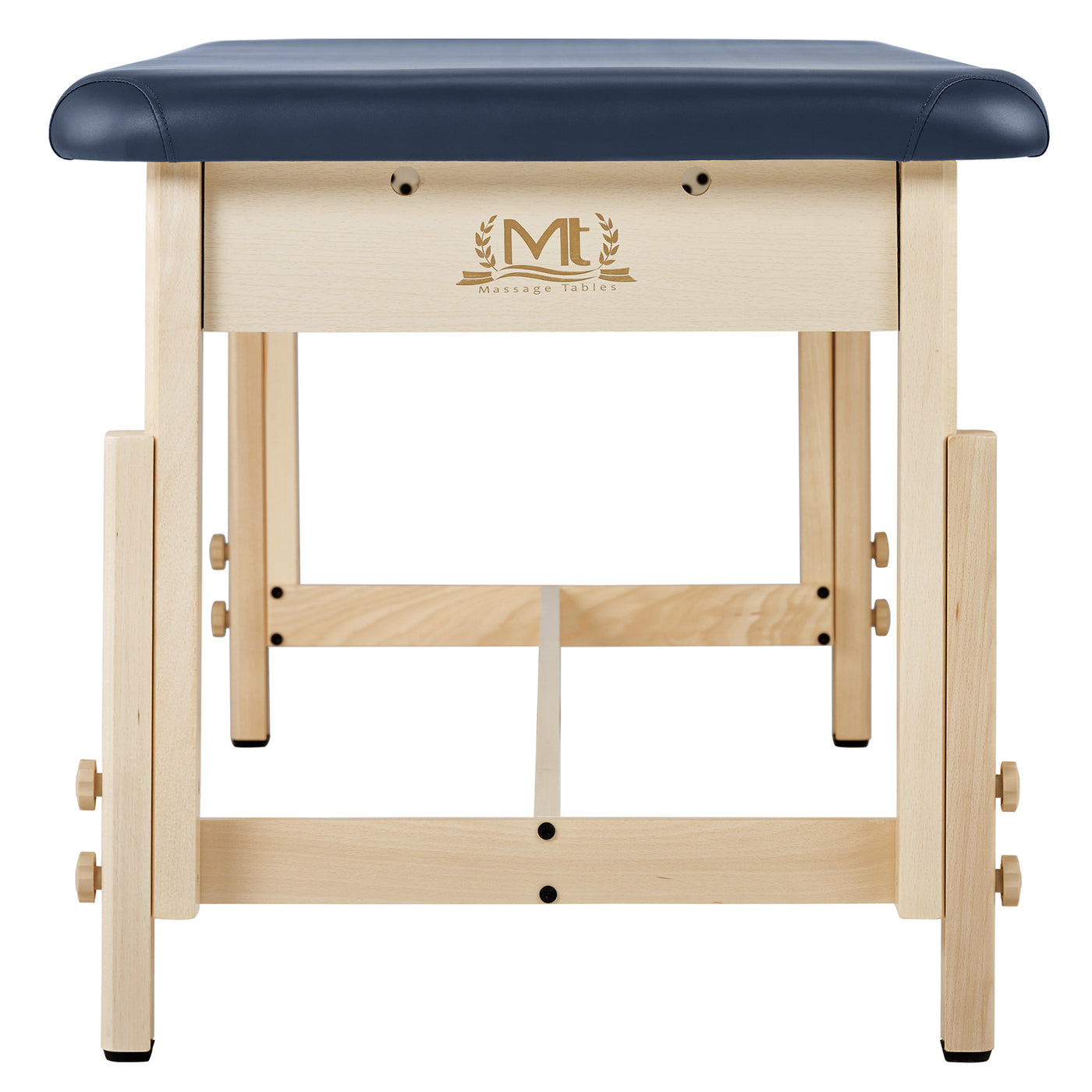 MT Massage HARVEY Table with blue oil- and water-resistant upholstery, end view.