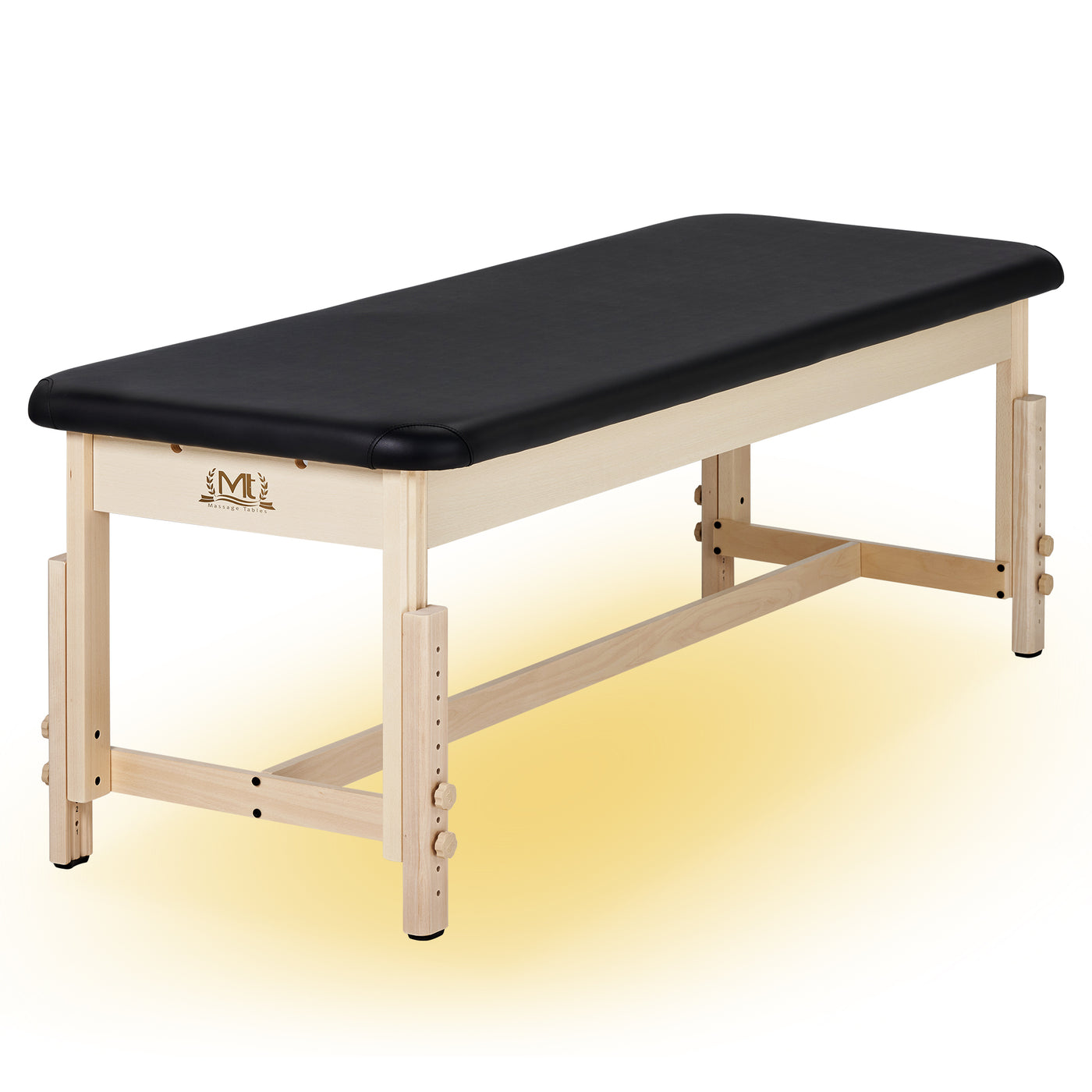 MT Massage HARVEY Stationary Table with oil- & water-resistant, adjustable black upholstery.