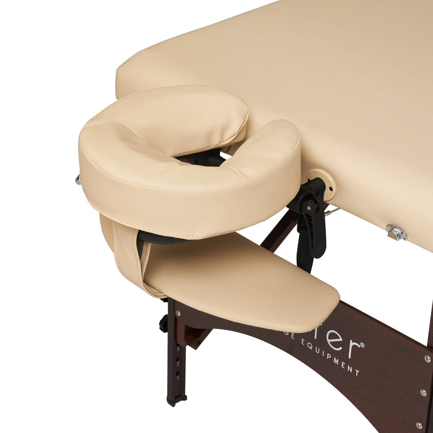 Close-up of Master Massage ARGO Cream portable table with padded face cradle and wooden frame.