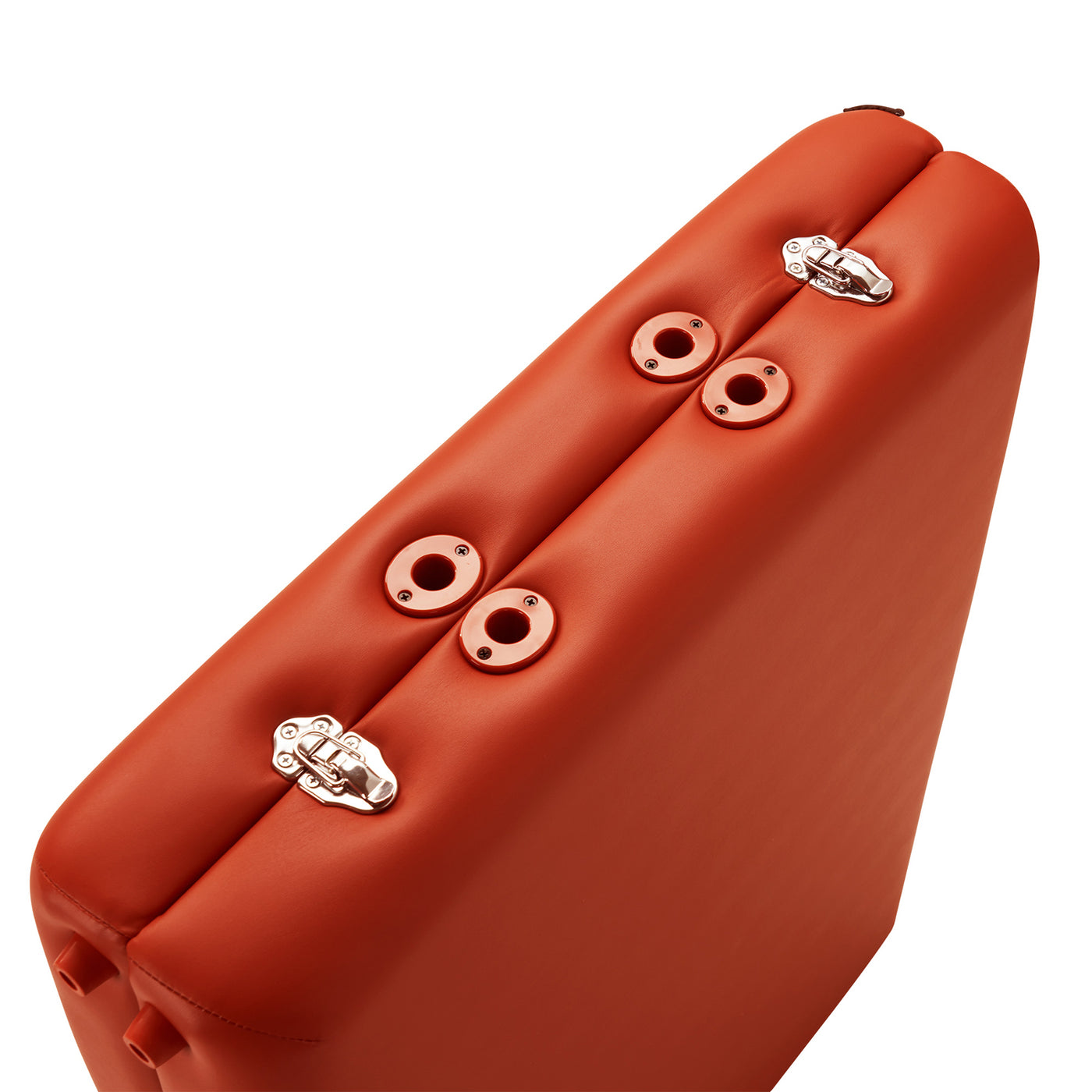 Close-up of folded Master Massage FAIRLANE SPORTS portable table with metal latches and round holes.