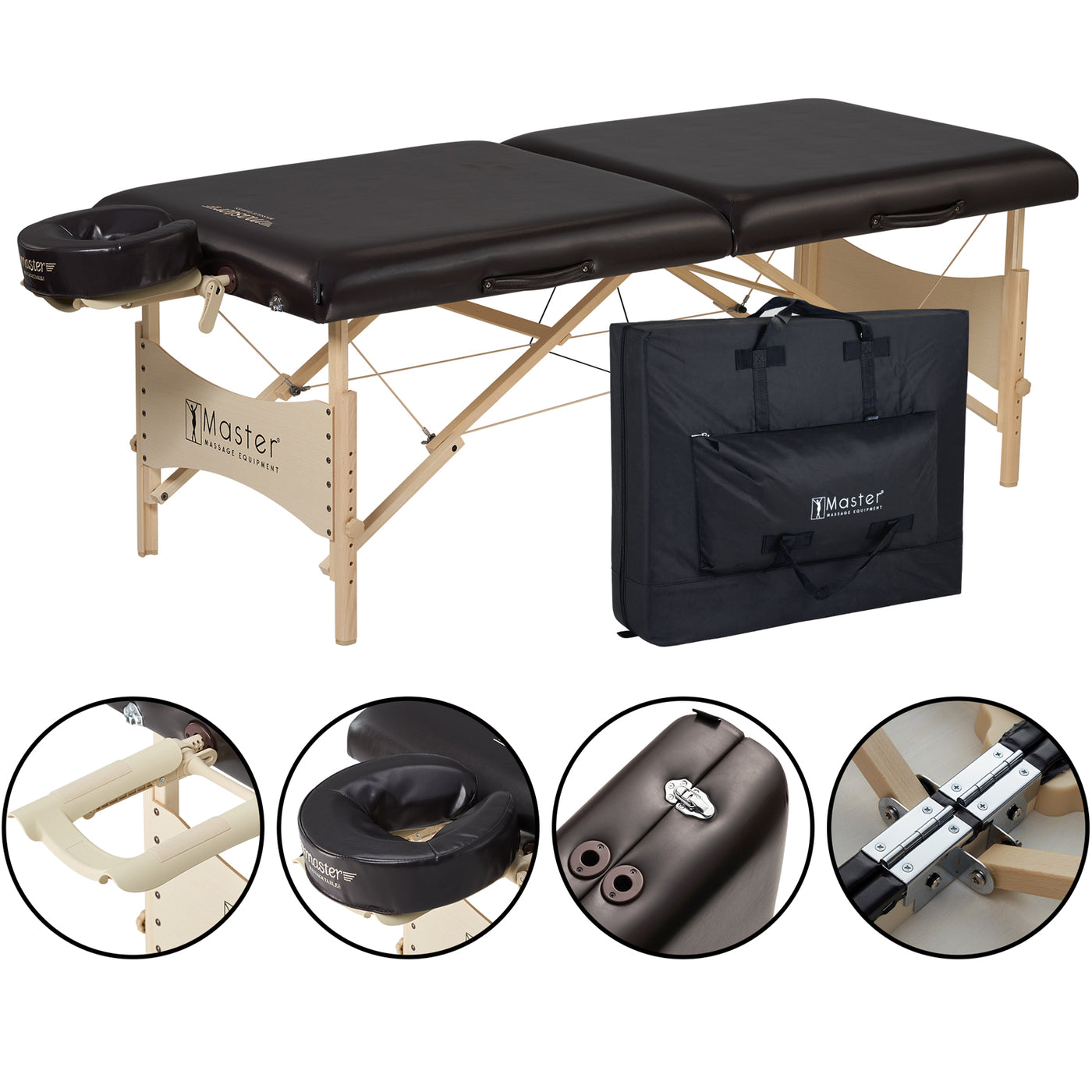 Master Massage BALBOA portable table with wood legs, foam, carry case, and adjustable headrest.