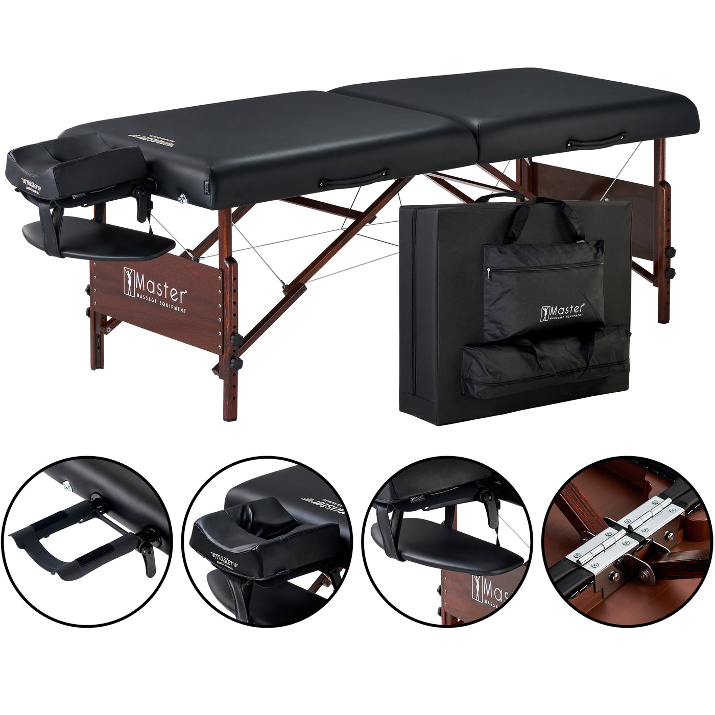 Master Massage DEL RAY portable table with ergonomic headrest, case, and detail views.