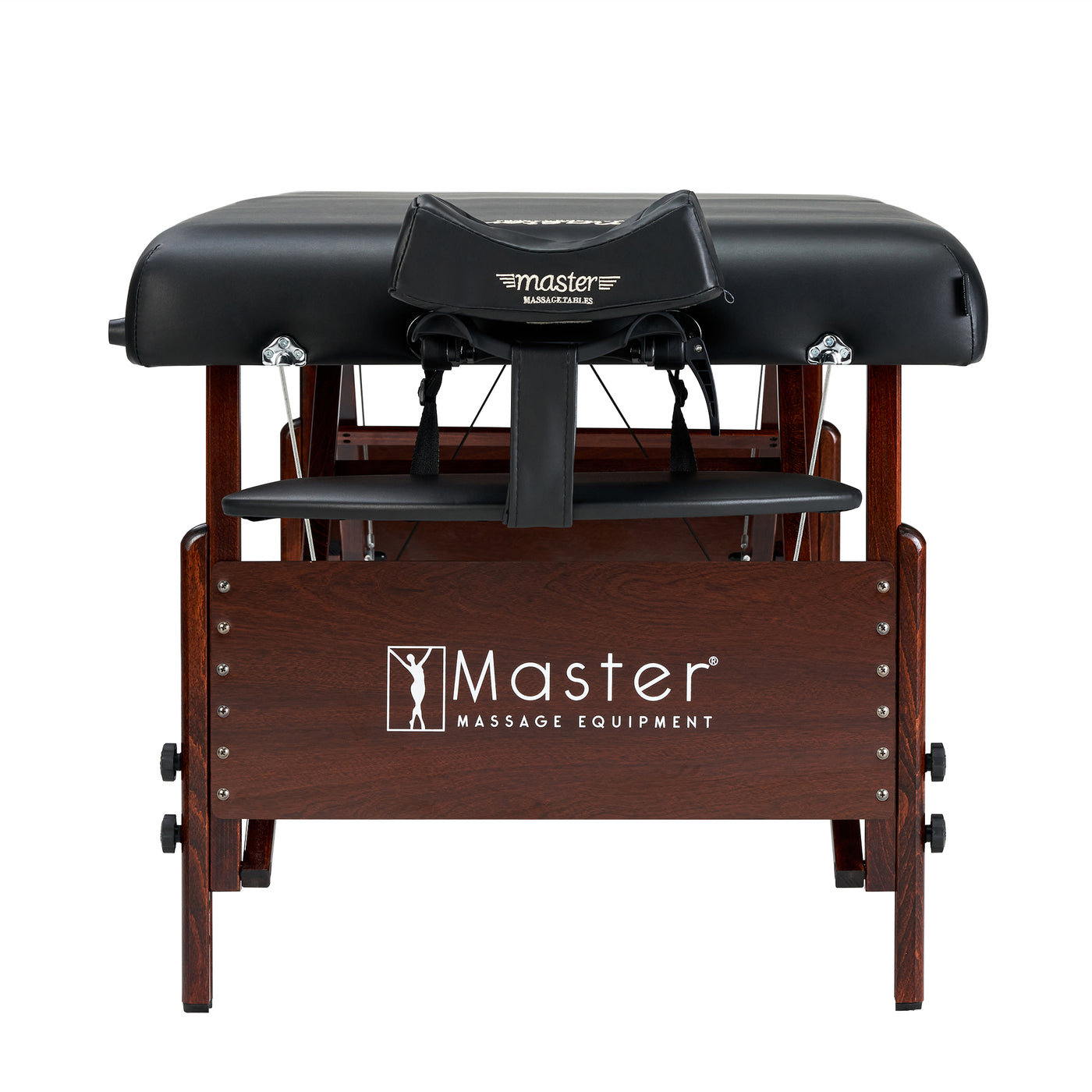 The Master Massage DEL RAY is a black portable massage table with wood legs and ergonomic face cradle.