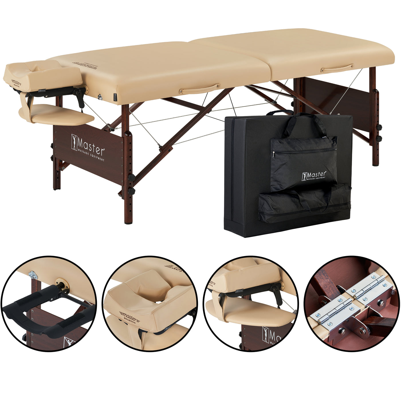 Master Massage DEL RAY portable table with ergonomic face cradle, case, and detail views.