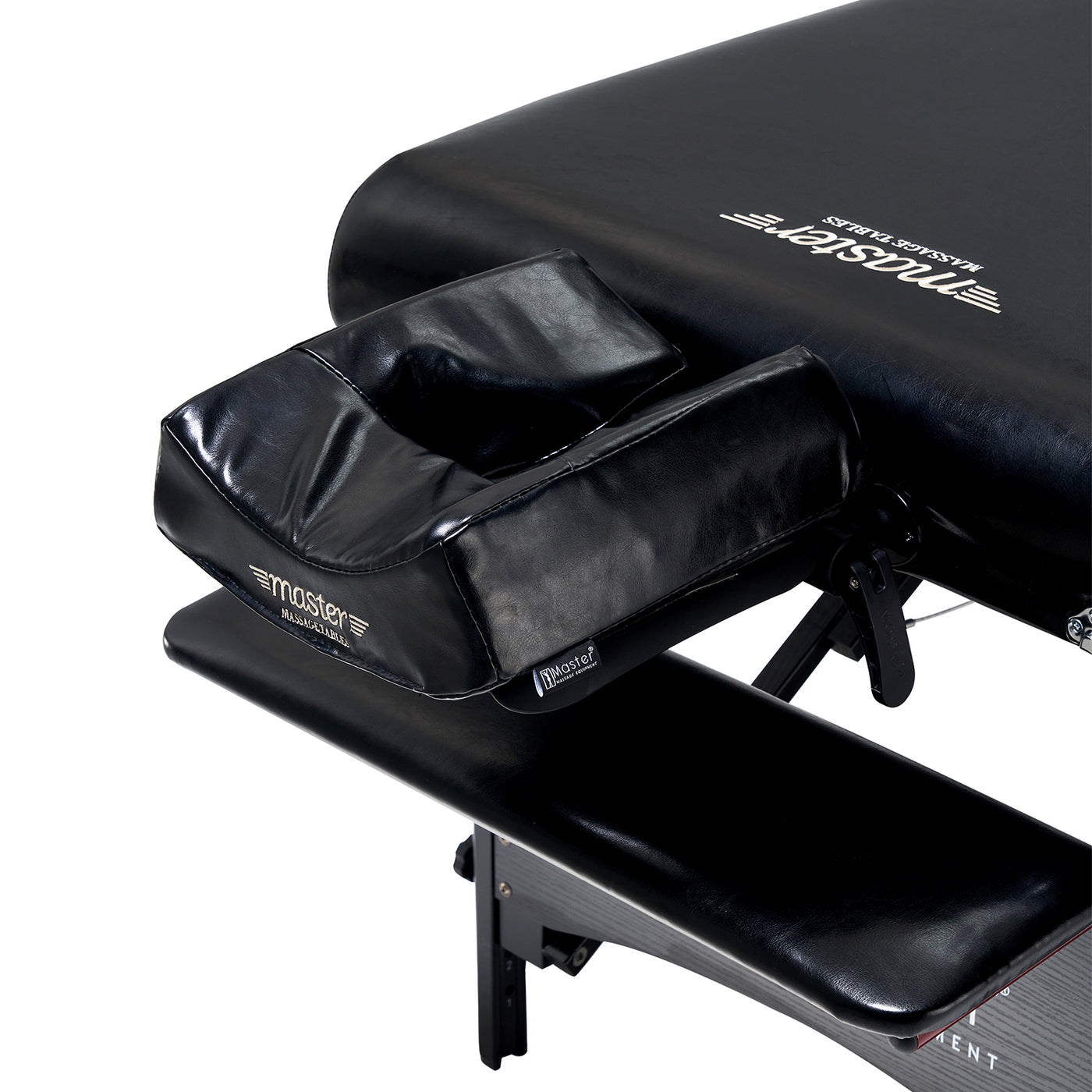 Close-up of GALAXY Therma-Top's black padded headrest on Master Massage table with memory foam.