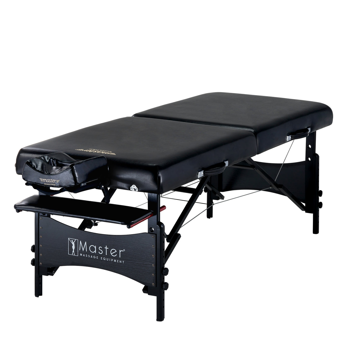 Master Massage GALAXY portable table with face cradle, armrest, and black Italia upholstery.