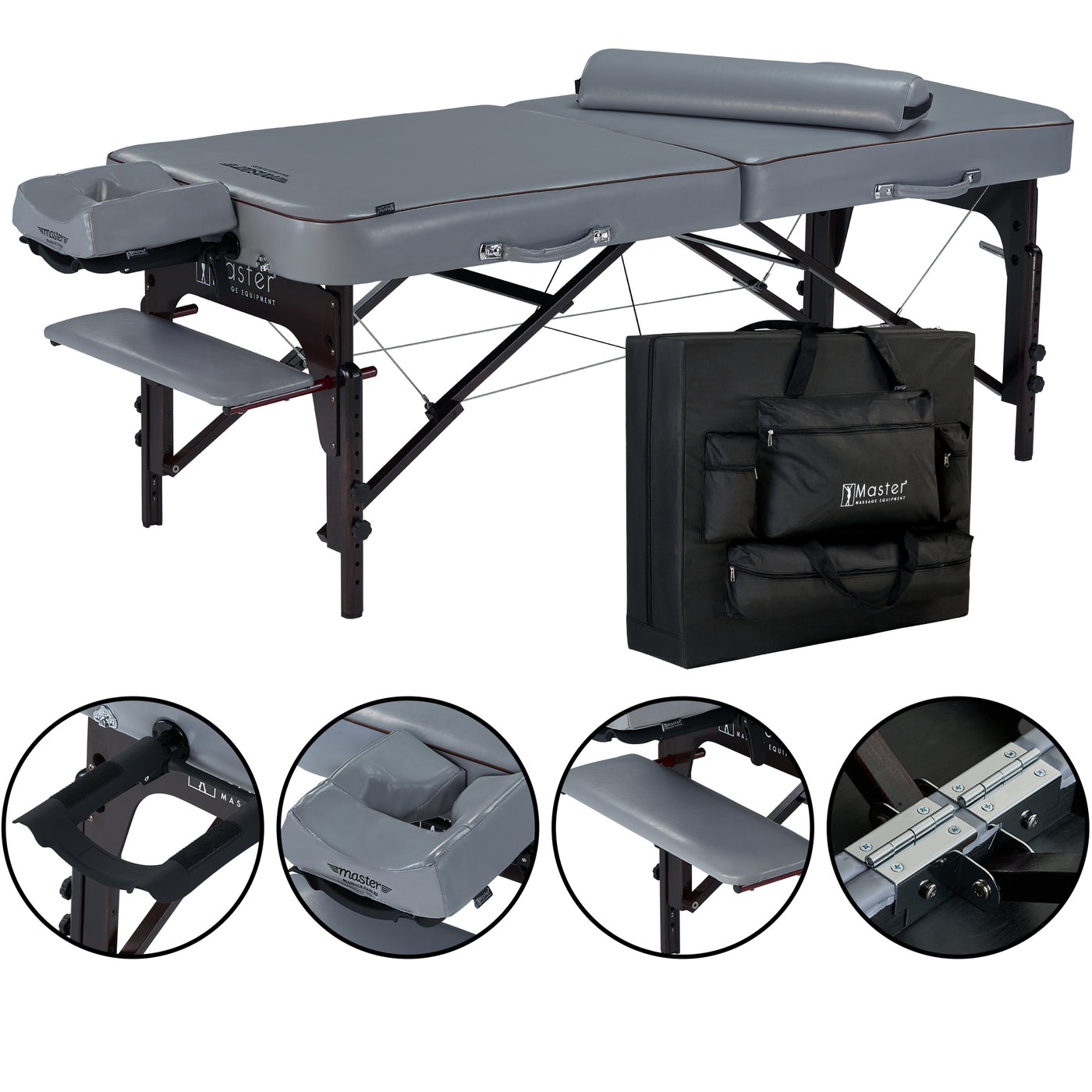 Master Massage MONTOUR Table Package with memory foam, headrest, arm supports, and case.