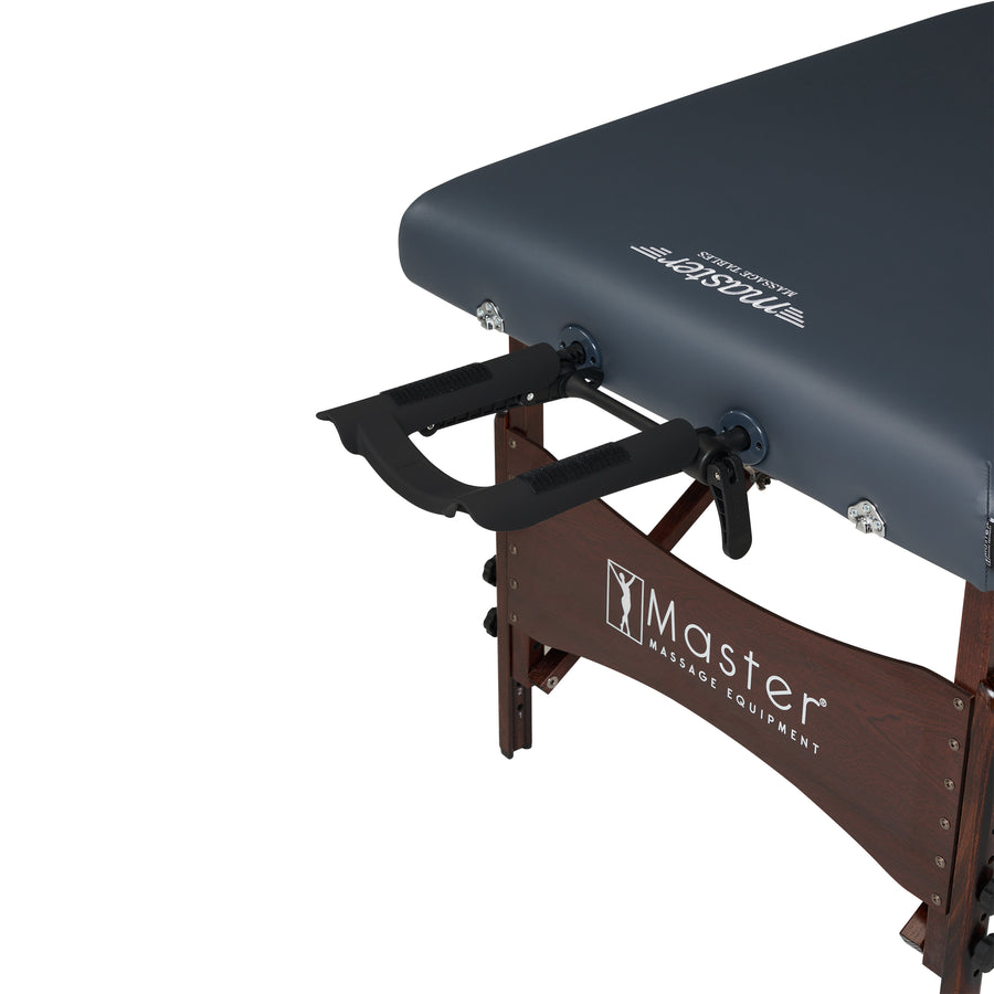 Close-up of Master Massage NEWPORT portable table with adjustable face cradle and visible branding.