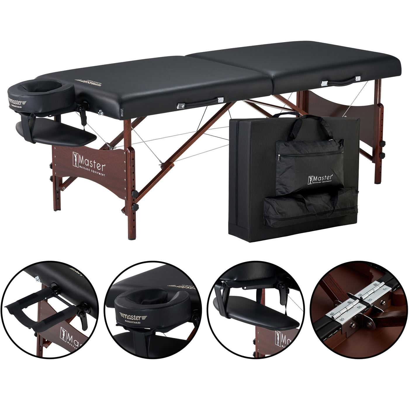 Master Massage NEWPORT portable table with wood legs, face cradle, and carry case.