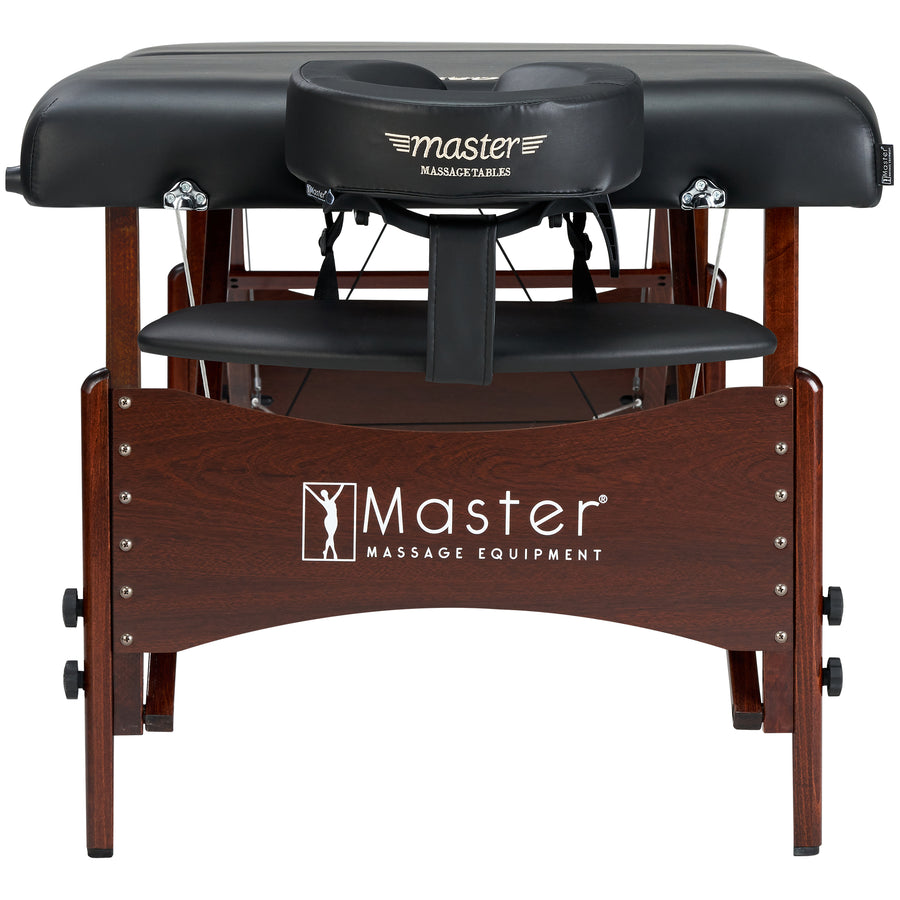 The Master Massage NEWPORT is a black portable massage table with wooden legs.