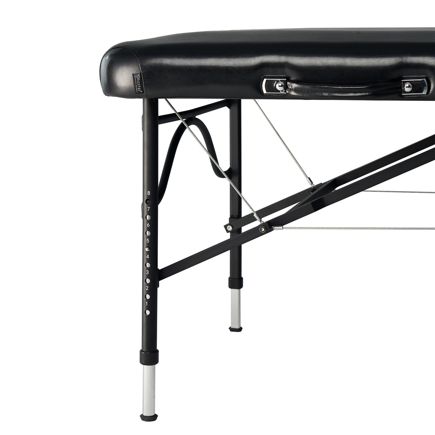 Close-up of a Master Massage STRATOMASTER AIR table leg with adjustable height and metal supports.