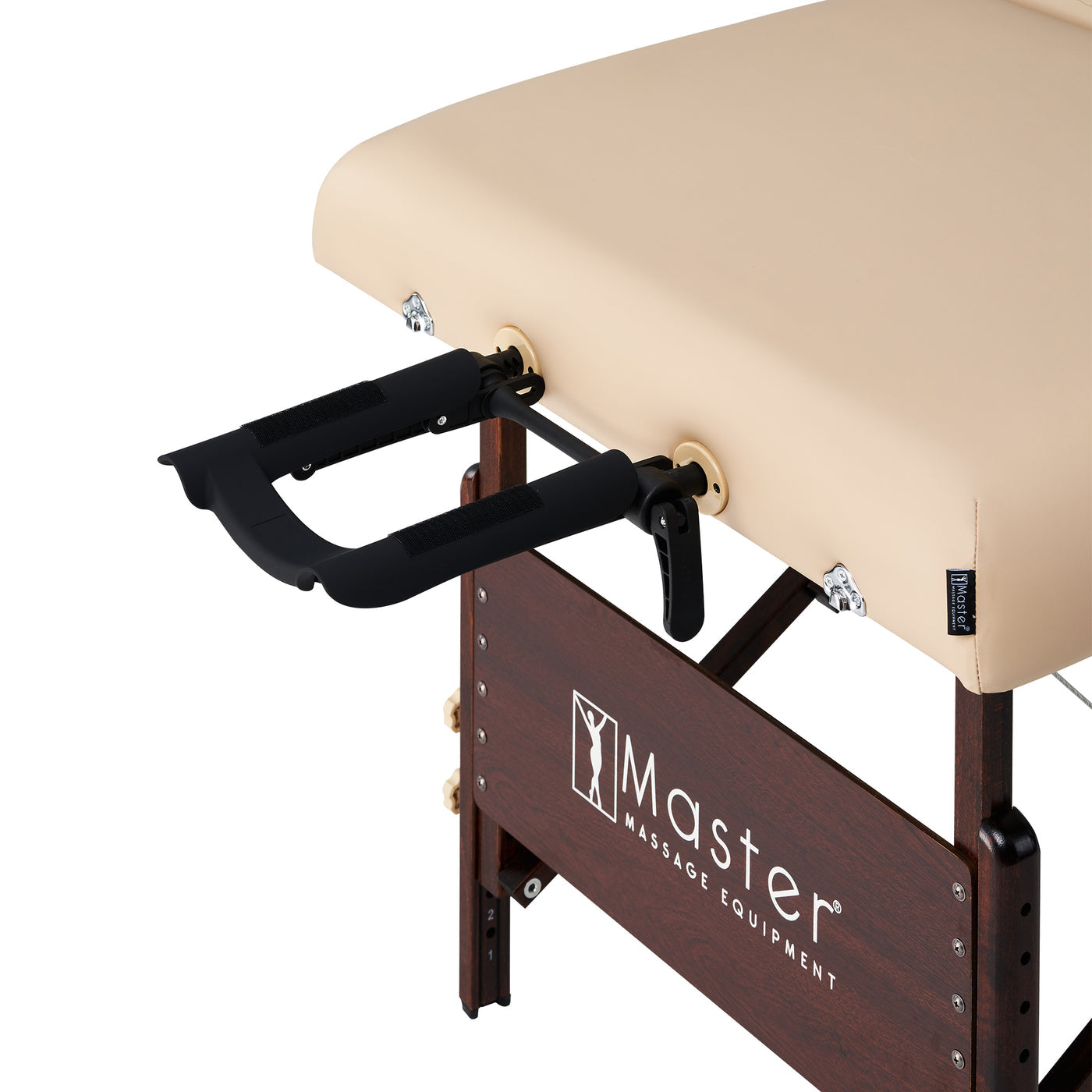 Master Massage DEL RAY SALON Therma Top table with black armrest and wooden frame shown.