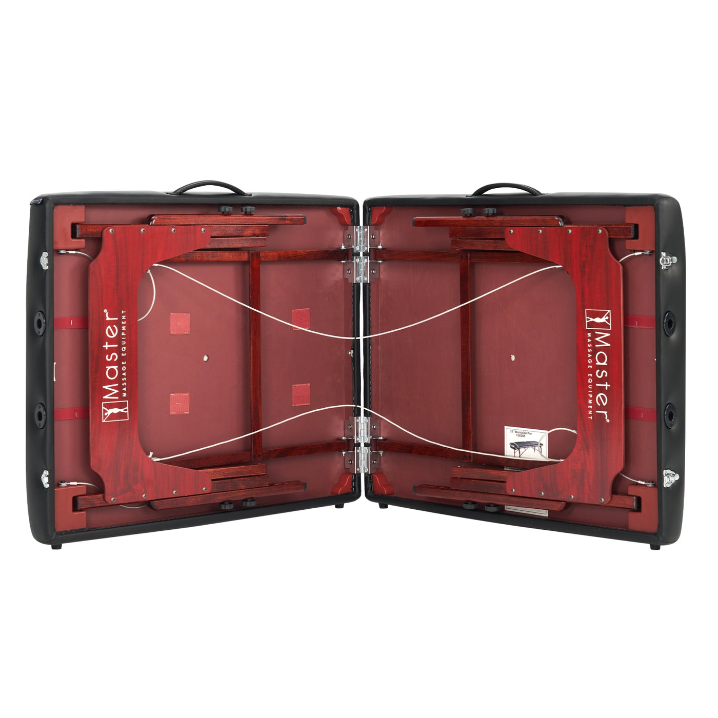 Sleek black Master Massage MONTCLAIR case with red interior, like a massage table for violins.