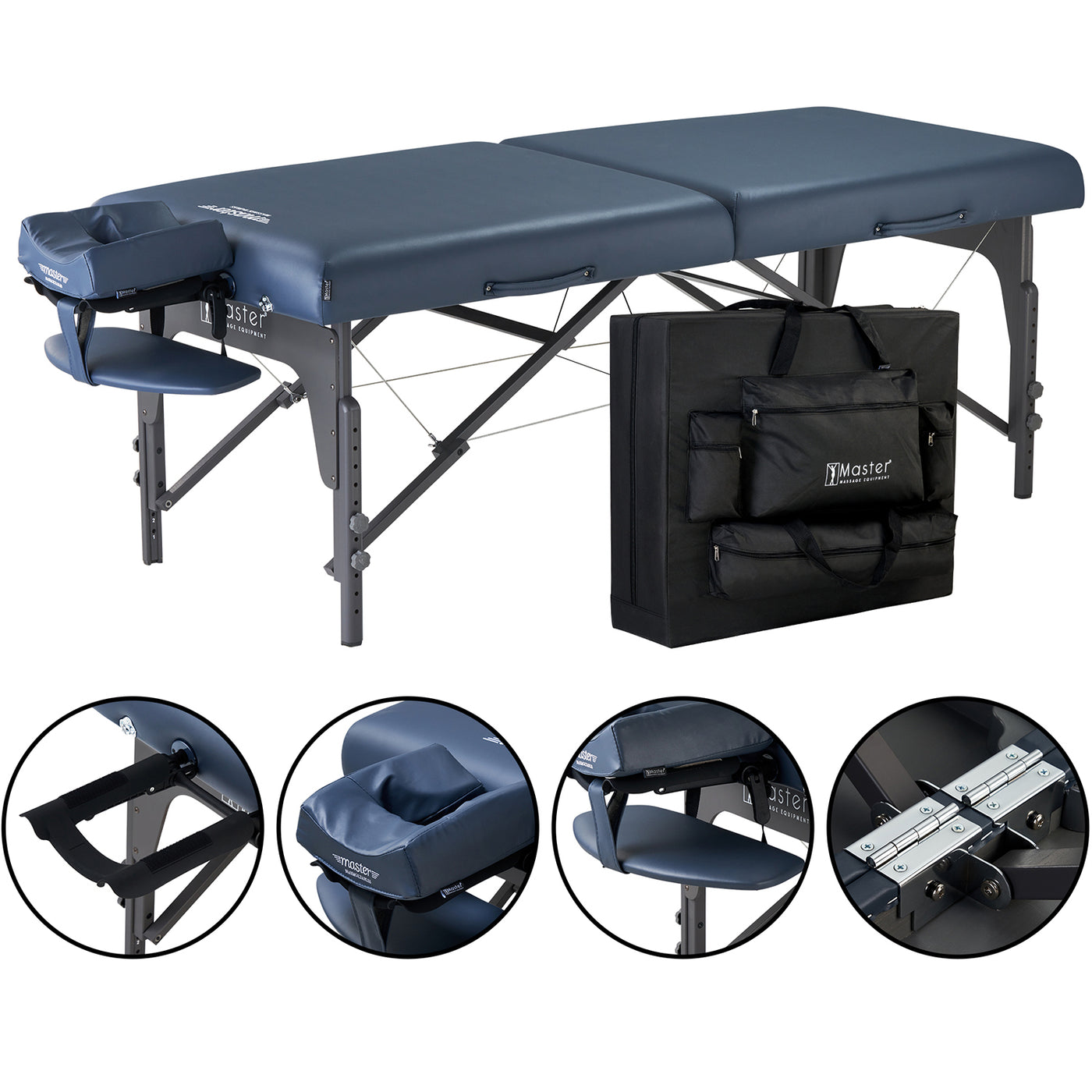 Master Massage Montclair Pro LX Table—ergonomic, with face cradle, carry bag, and detail views.