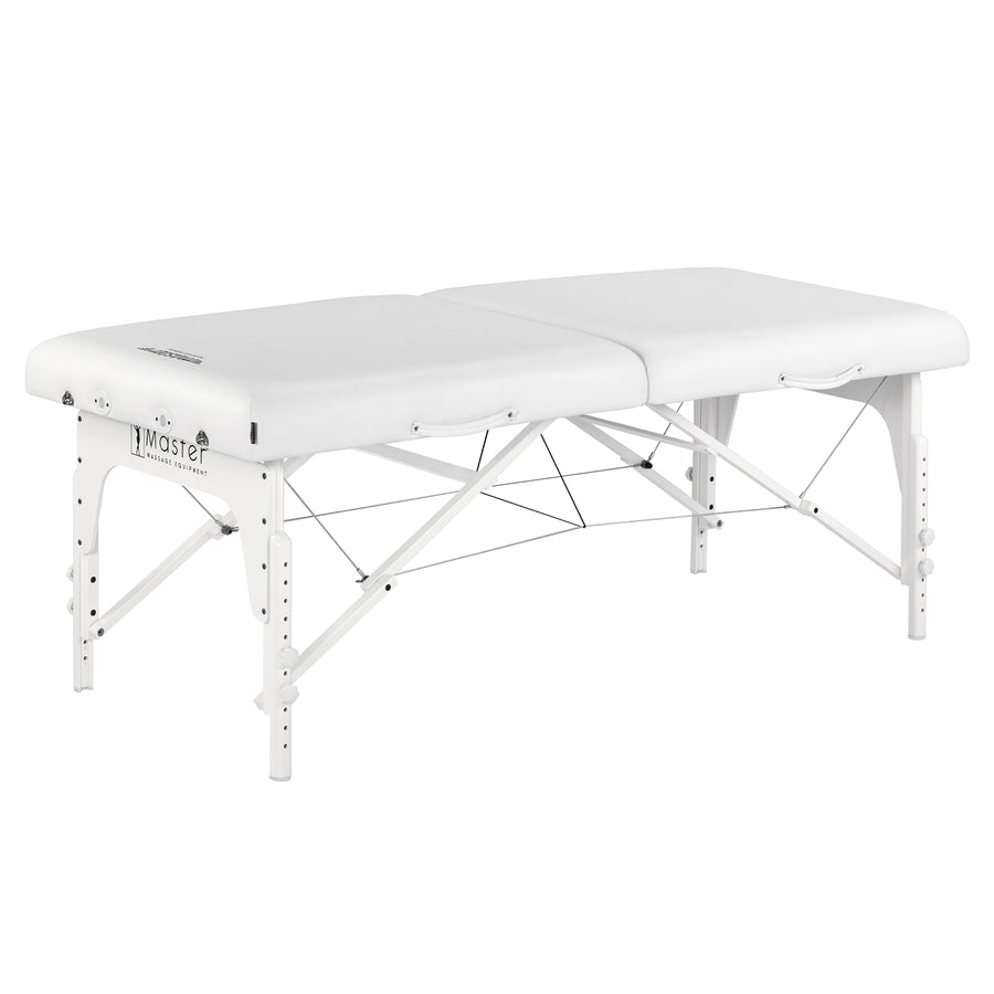 Master Massage Montclair Pro LX Table: ergonomic, folding, white, with a padded surface.