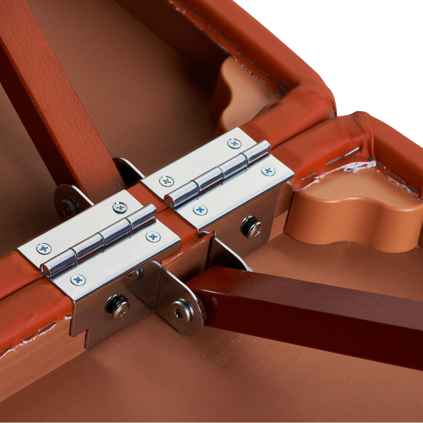 Close-up of metal hinges on the Master Massage SANTANA Therma-Top Portable Massage Table.