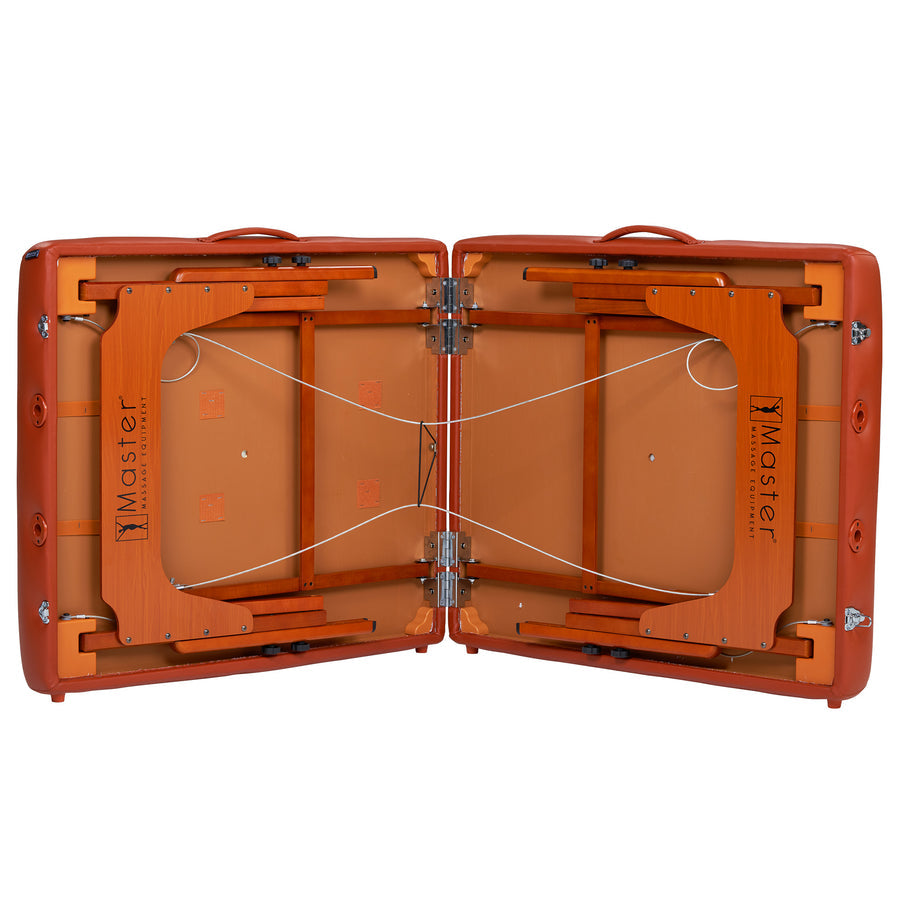 Master Massage SANTANA case open, revealing extra wide portable table's wooden frame.